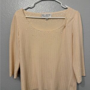 St. John Cream Pearl-Embellished Knit Top & Knit Skirt